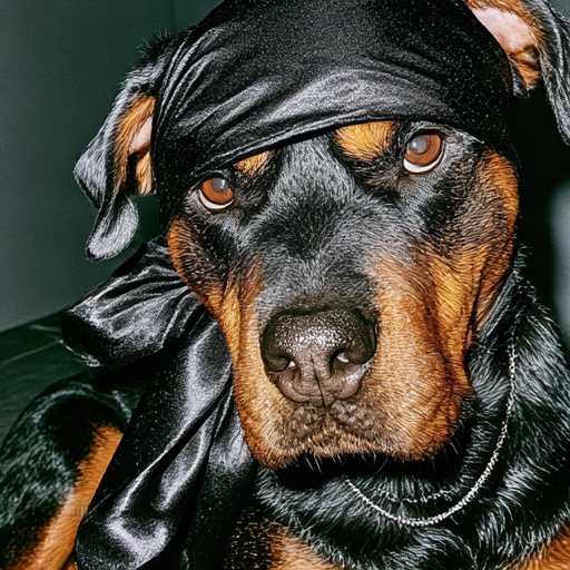 Close crop: Rottweiler in a black satin durag, eyes locked on camera — concept imagery