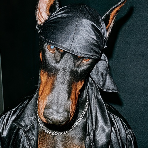 Doberman facing camera in black satin durag, chain — concept imagery