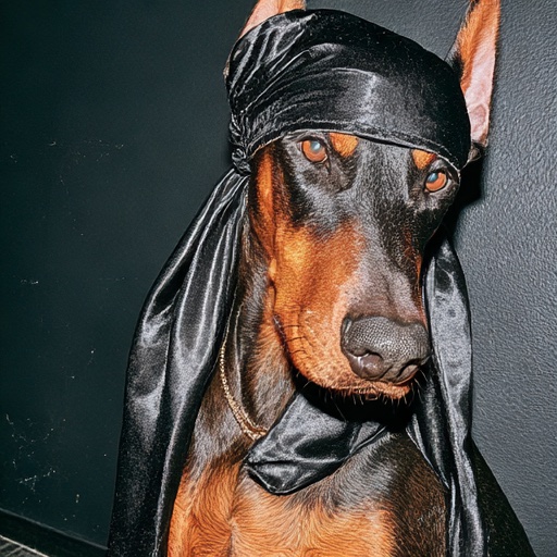 Doberman glancing up under a black satin durag — concept imagery