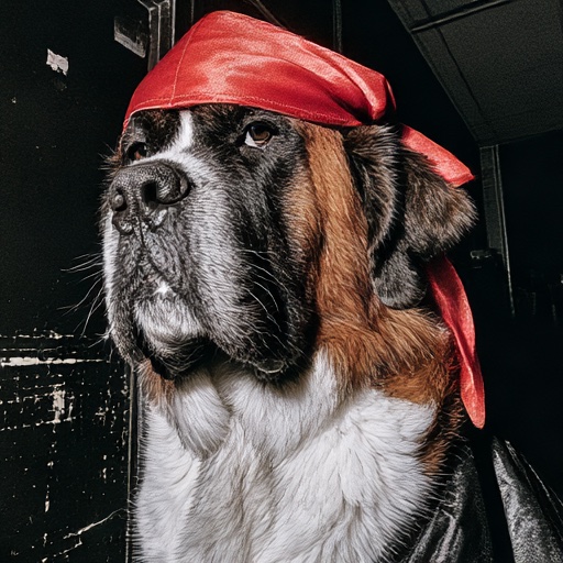 Saint Bernard in a red durag at a backstage door — concept imagery