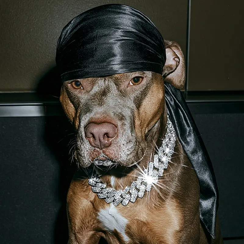 Drop 001: pitbull in the black satin slip-on Doggy Durag, iced chain, level stare — concept imagery